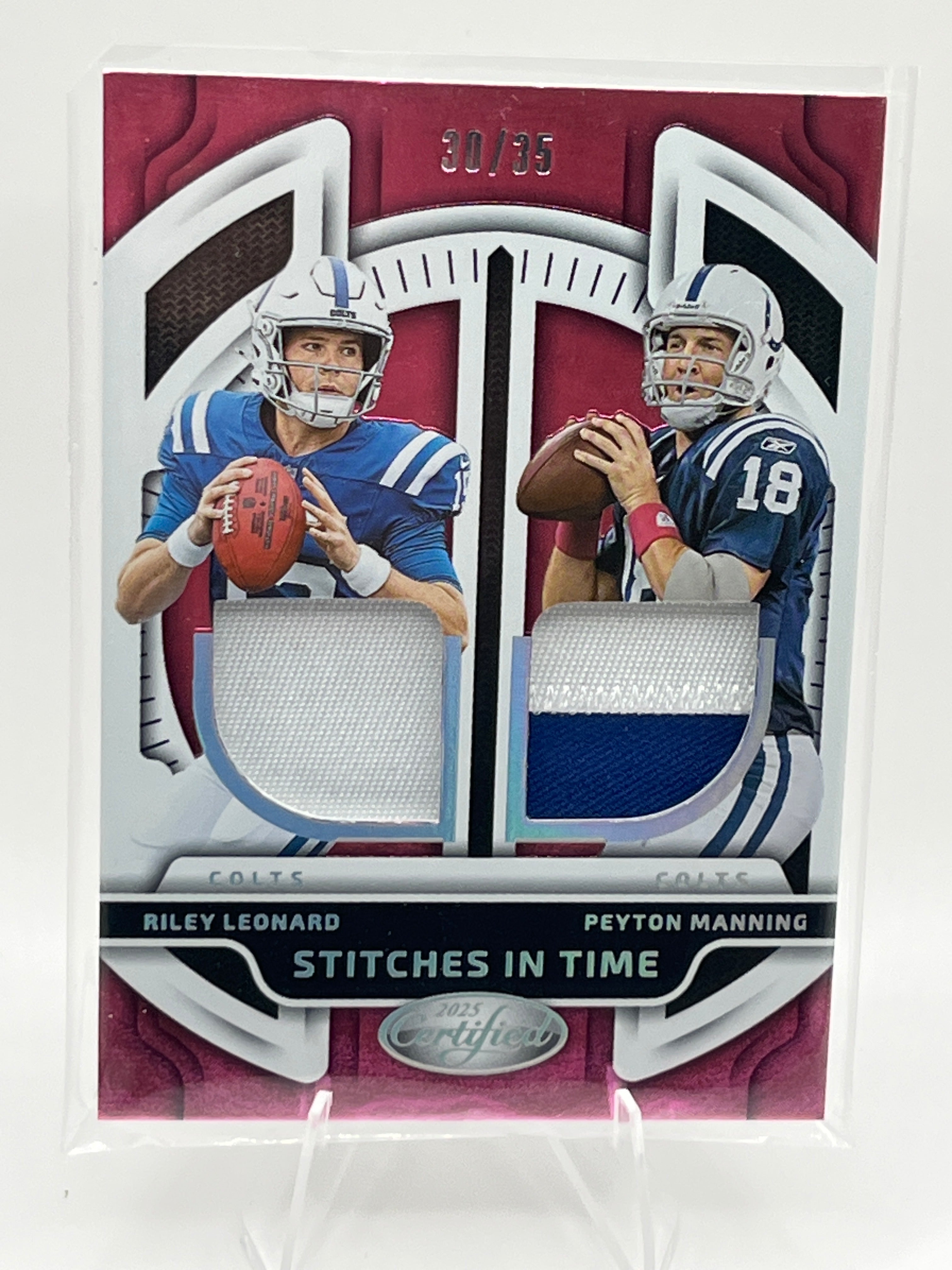 2025 Panini Certified Peyton Manning Riley Leonard Dual Patch /35 Stitches in Time - Beautiful SSP