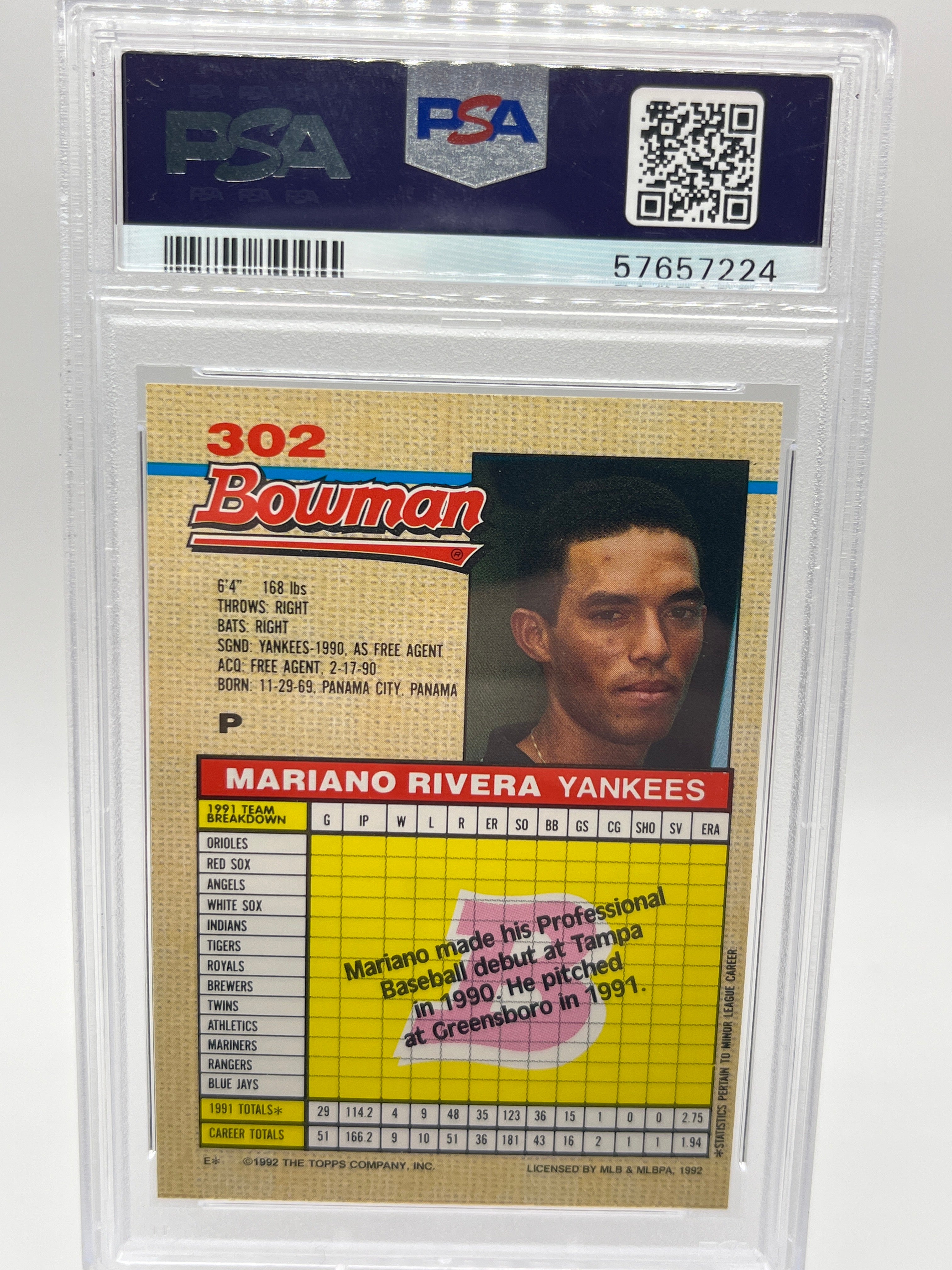1992 Bowman Mariano Rivera PSA 9 Rookie Card #302