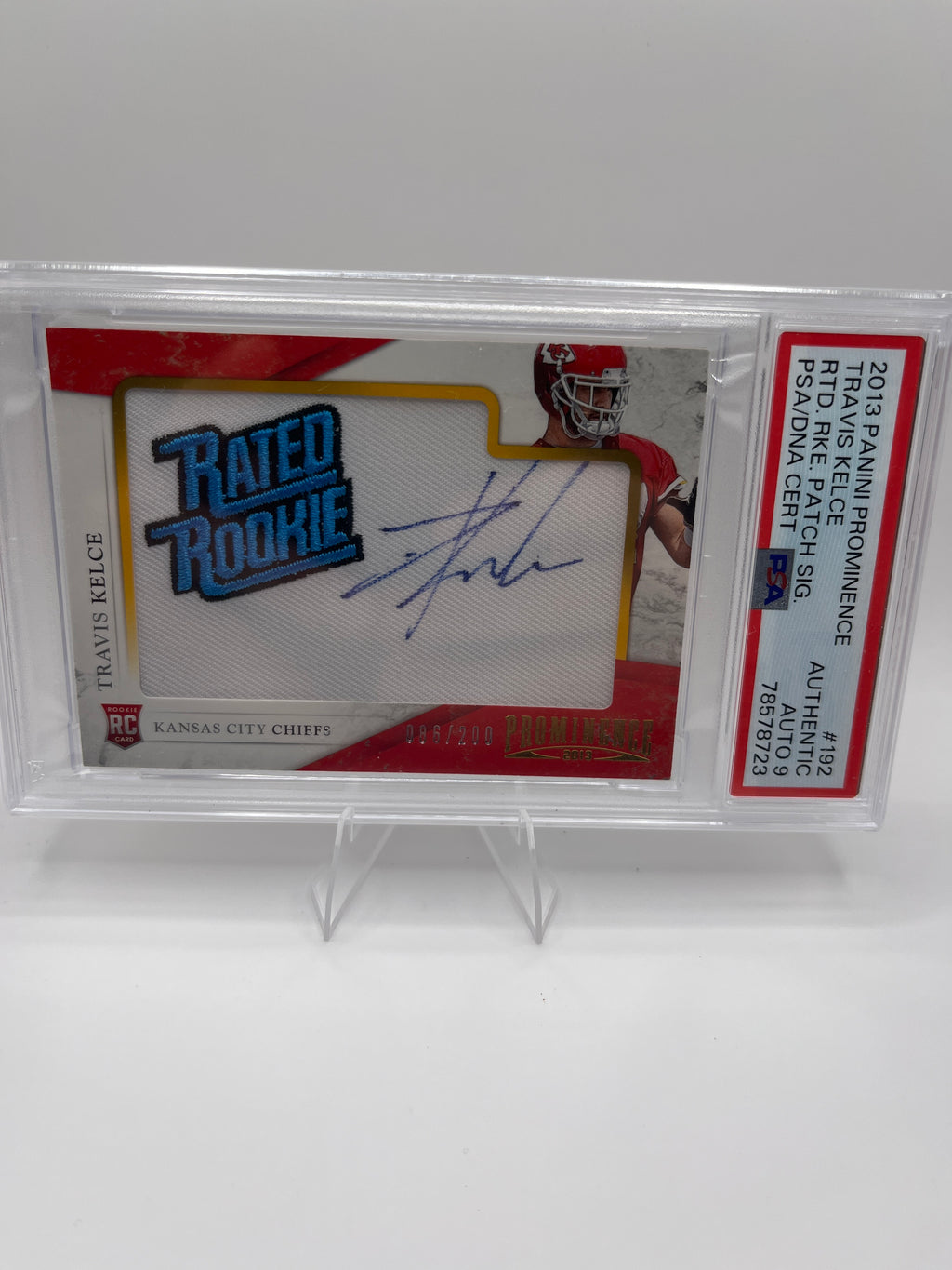 2013 Panini Prominence Travis Kelce Rated Rookie Patch Auto 086/200 PSA 9 Autograph