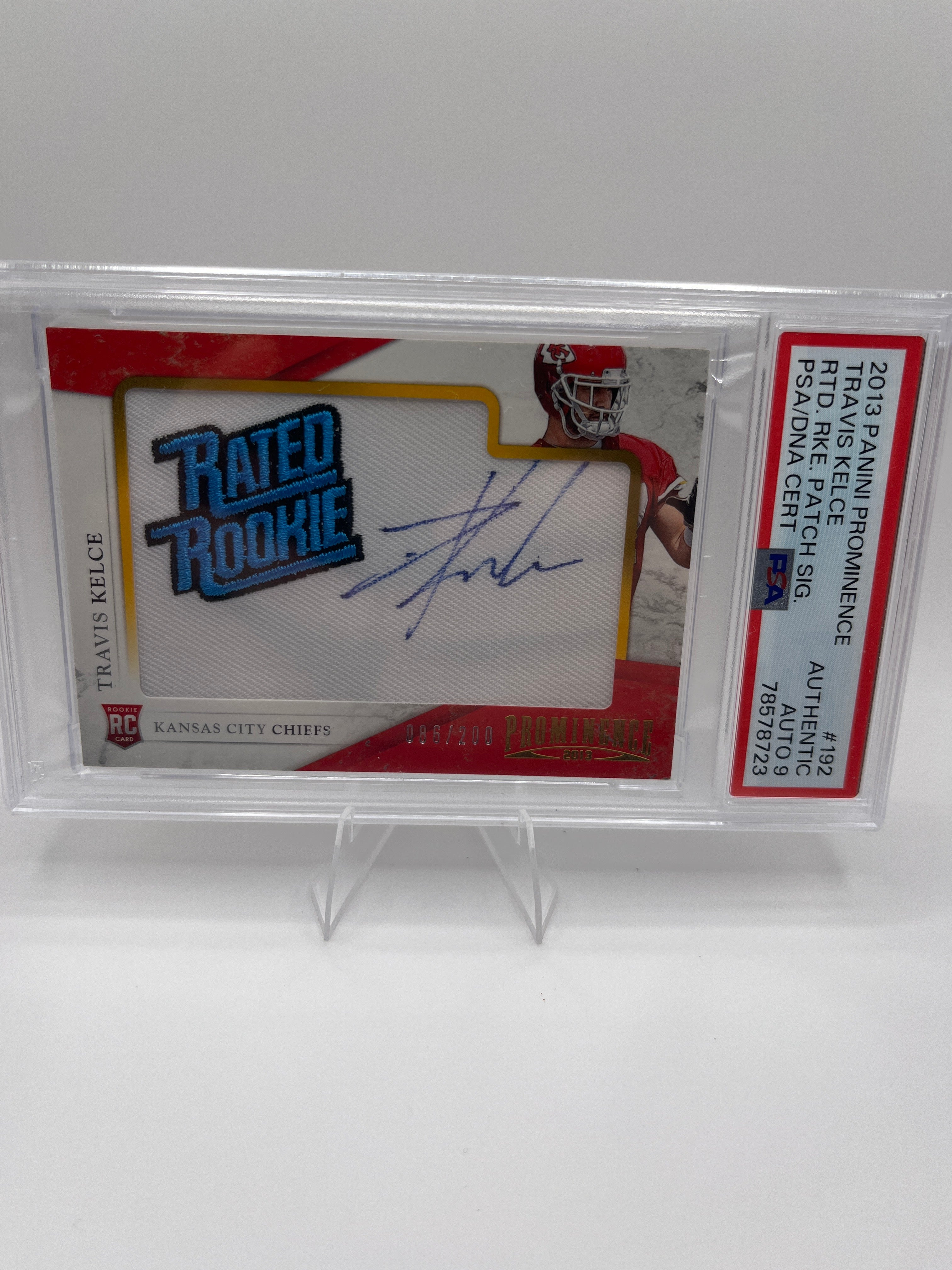 2013 Panini Prominence Travis Kelce Rated Rookie Patch Auto 086/200 PSA 9 Autograph