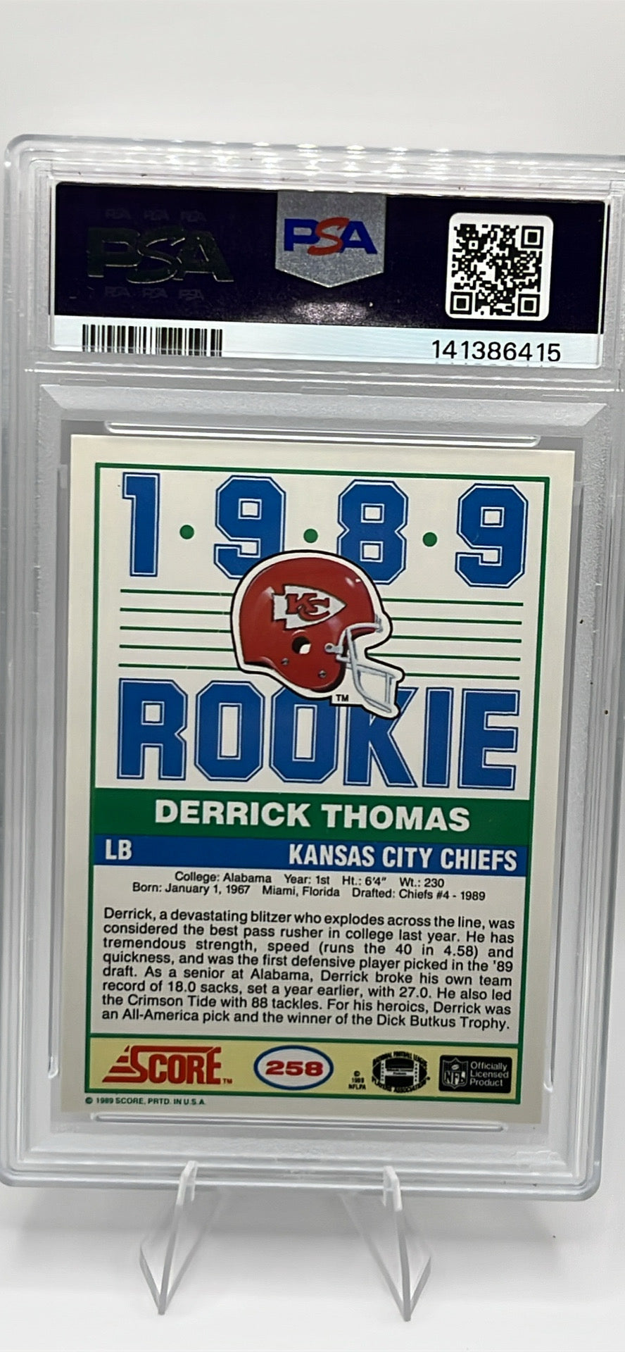 1989 Score Derrick Thomas Rookie Card PSA 9 #258