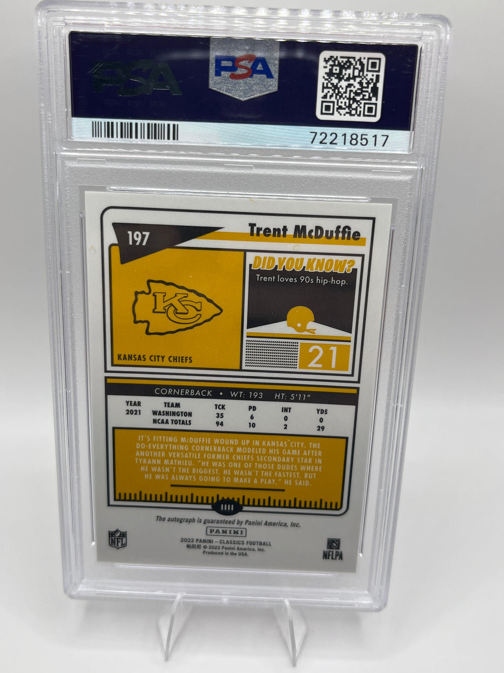 2022 Panini Classics Trent McDuffie Rookie Graded Auto PSA 9 AUTO 10