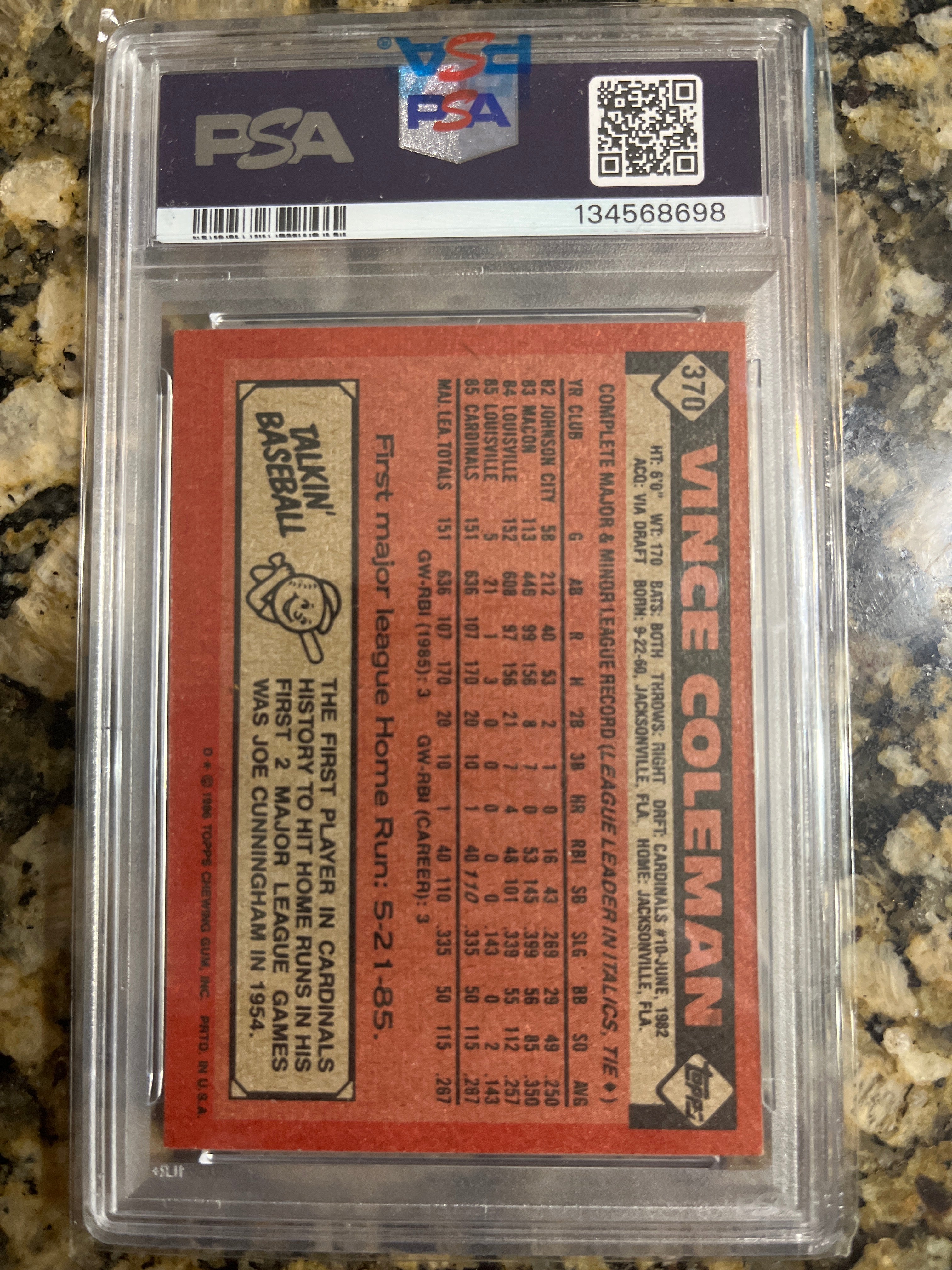 1986 Topps Vince Coleman PSA 7 Rookie Card