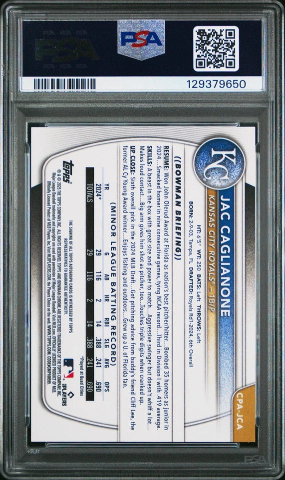 2025 Bowman Chrome 118/150 Jac Caglianone Auto PSA 10 - HTA Choice Refractor Flawless / Gorgeous Rookie Card!
