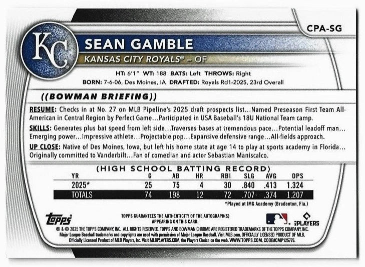 2025 Bowman Chrome Sean Gamble Rookie Auto - On Card! First Round Pick 2025